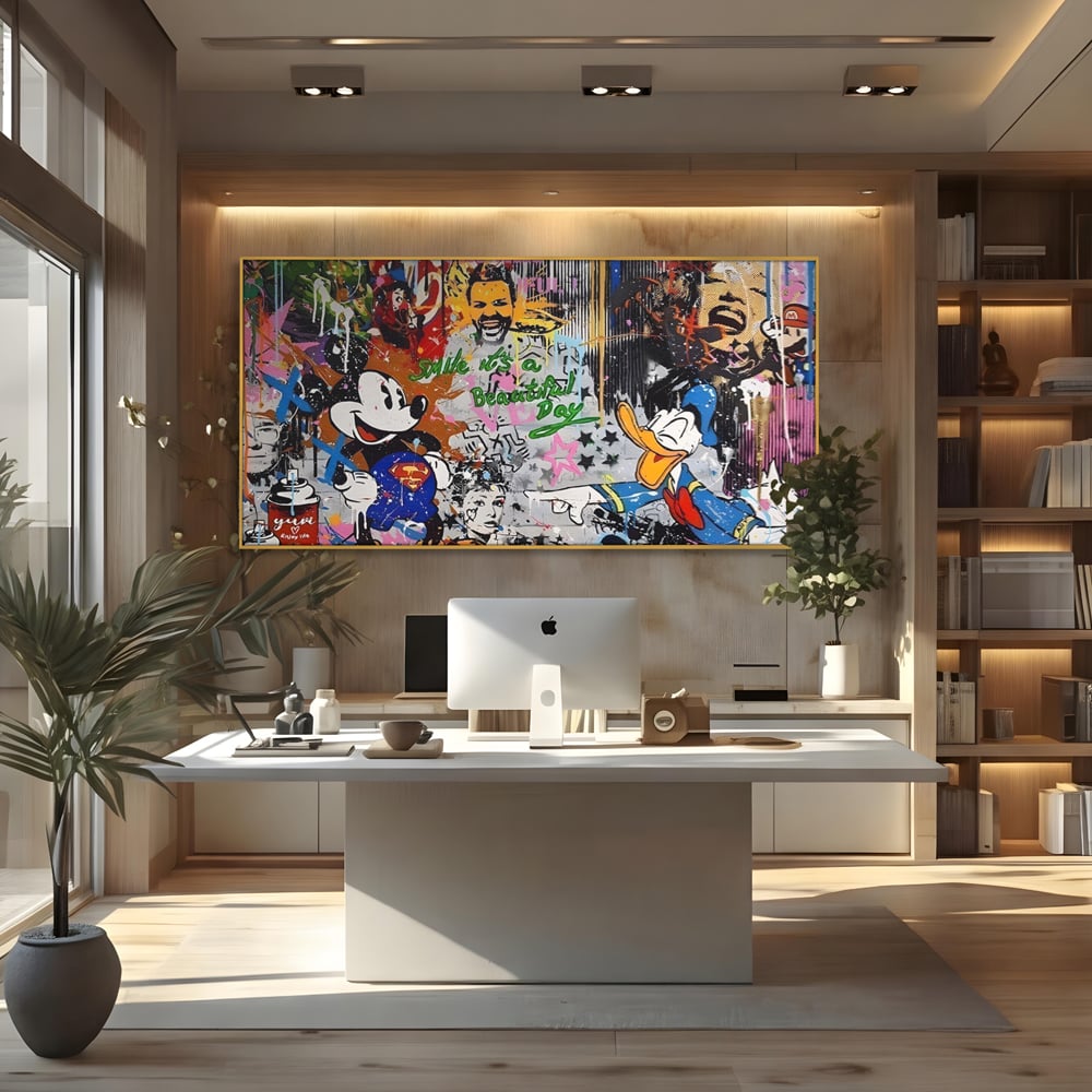 Tablou canvas cu tablou canvas cu graffiti si desene animate, in rama de aluminiu auriu, pe perete intr-un birou